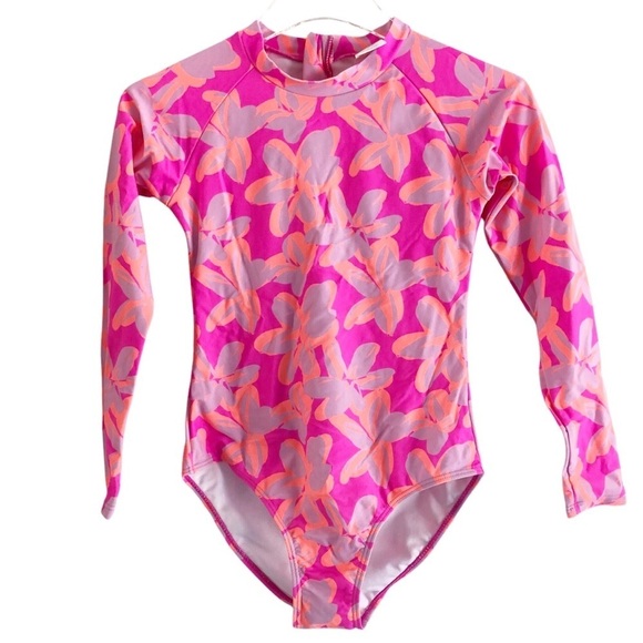 Snapper Rock Girls Hibiscus Hype Long Sleeve Pink Swimsuit Rash Guard 14 - Picture 2 of 11